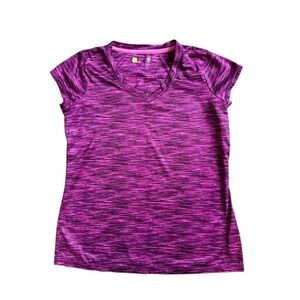 Xersion Womens Purple Space Dye V-Neck Short Sleeve Activewear Gym Shirt Small